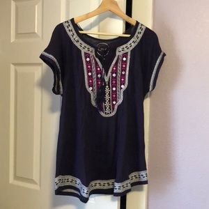 navy blue pink and silver embroidery short sleeve
